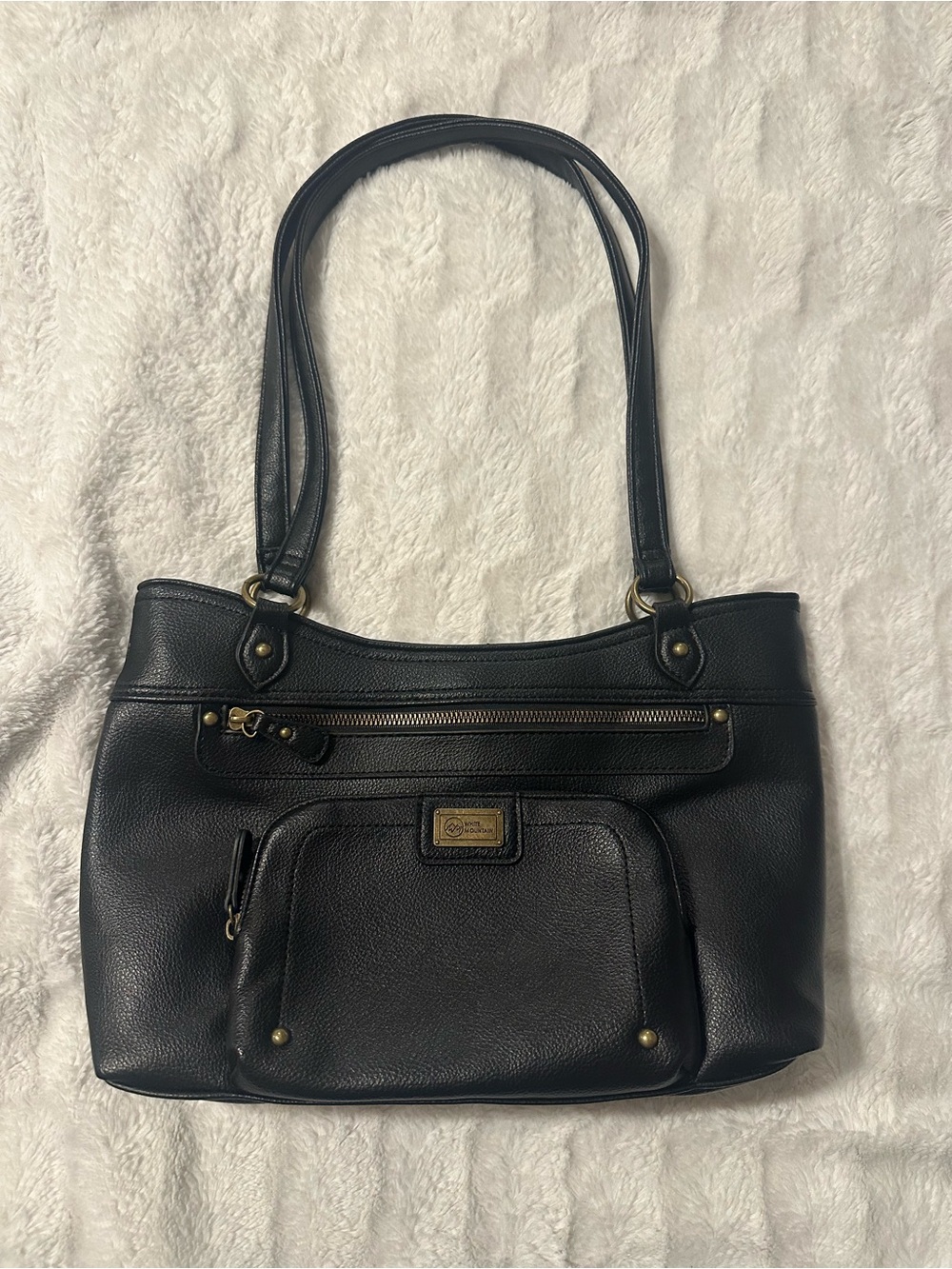 White Mountain Black Leather Shoulder Bag with Front Zip Pocket